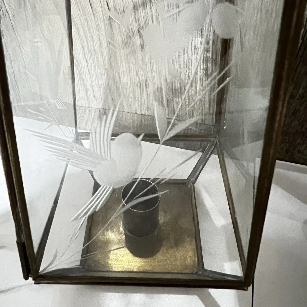 VTG Brass Etched Glass Lantern Candle Holder Lot of 2 Floral & Bird Etchings 7